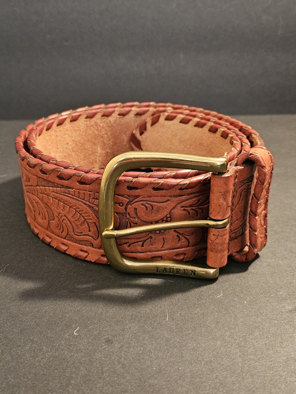 Ralph Lauren Tooled Leather Belt - Rust Brown with Brass Buckle